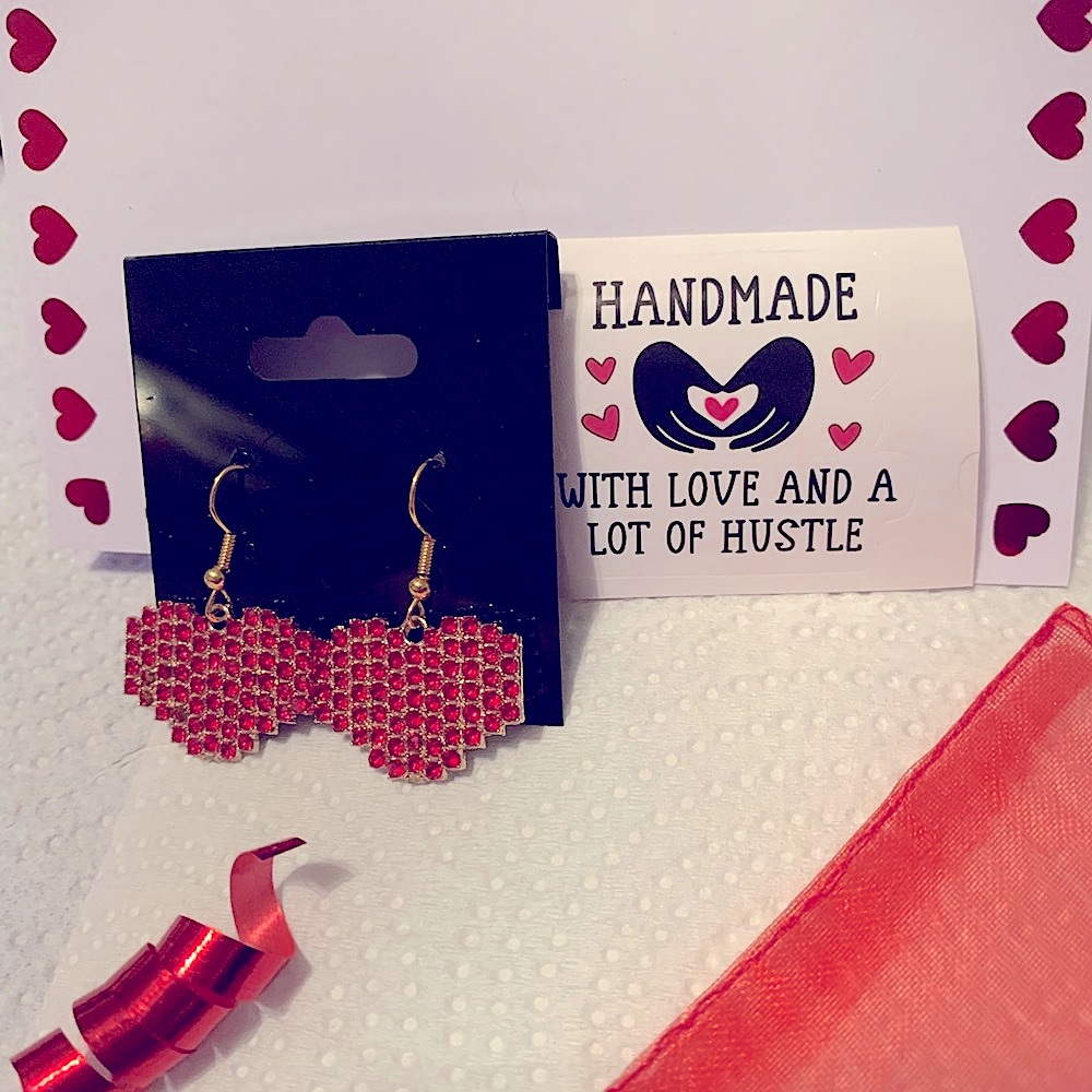 Heart Dangle Earrings Rhinestone Crystal Red Handmade Gift Love Valentines NEW - Picture 5 of 11